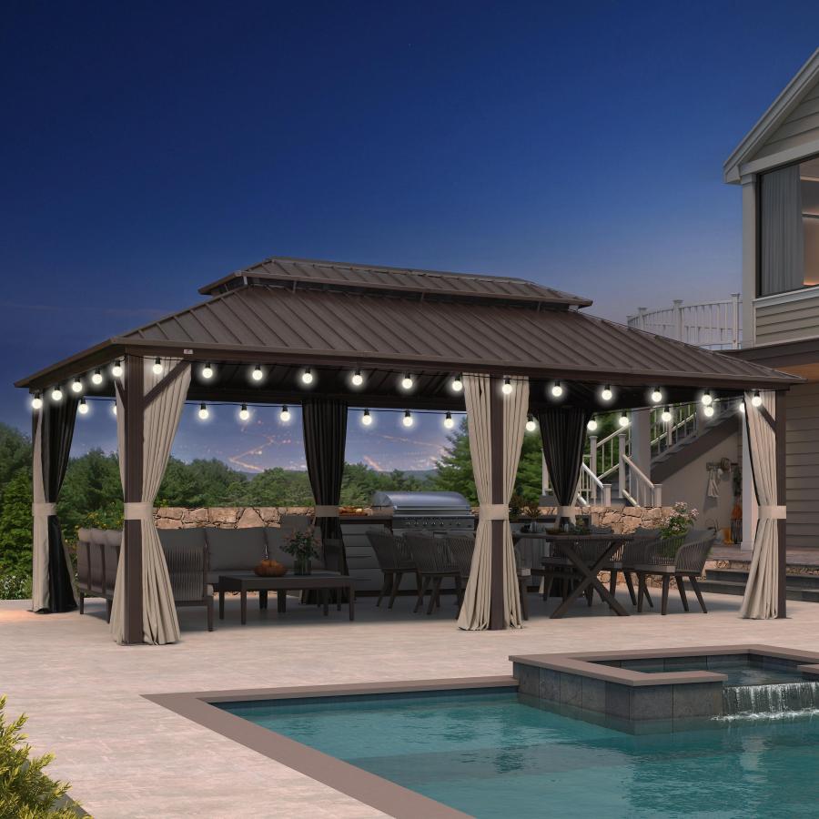 PURPLE LEAF Hardtop Tuinpaviljoen Essential met Neutraal witte LED-verlichting , Gegalvaniseerd Stalen Dak, Aluminium Frame, Gordijnen en Klamboe – Brons