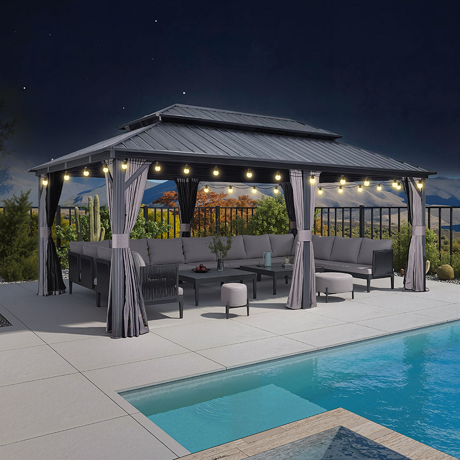 PURPLE LEAF Hardtop Tuinpaviljoen Essential met Warmwitte Verlichting, Gegalvaniseerd Stalen Dak, Aluminium Frame, Gordijnen en Klamboe – Grijs