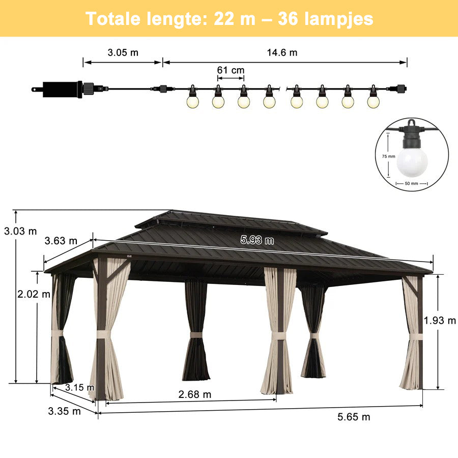 PURPLE LEAF Hardtop Tuinpaviljoen Essential met Neutraal witte LED-verlichting , Gegalvaniseerd Stalen Dak, Aluminium Frame, Gordijnen en Klamboe – Brons