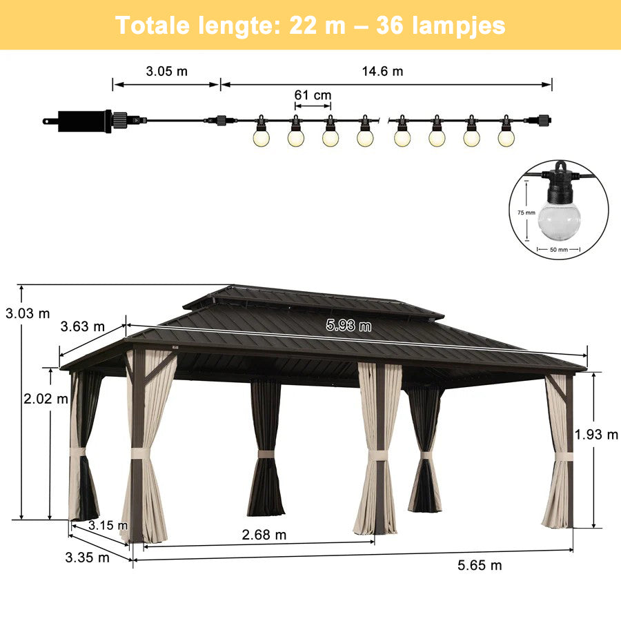 PURPLE LEAF Essential  Hardtop Tuinpaviljoen Bronzen Frame Dubbel Dak Tuin Warmwitte Verlichting