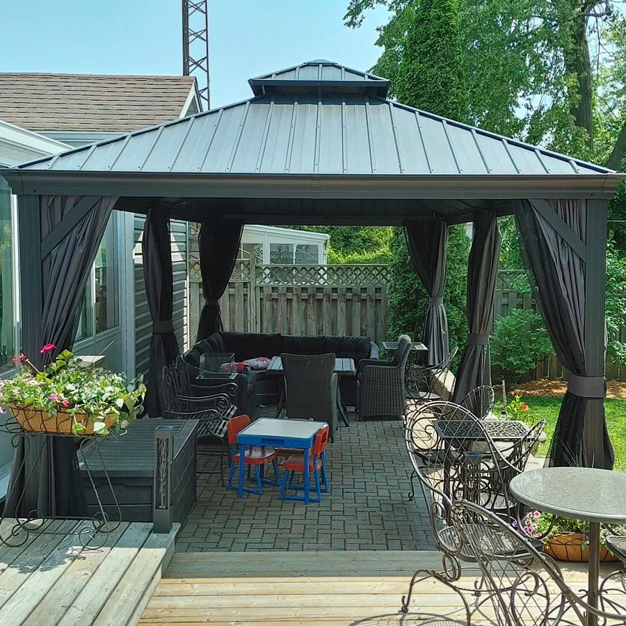 PURPLE LEAF Tuinpaviljoen Voor Achtertuin Grijs Hardtop Gegalvaniseerd Stalen Dak Luifel met Upgrade Gordijn