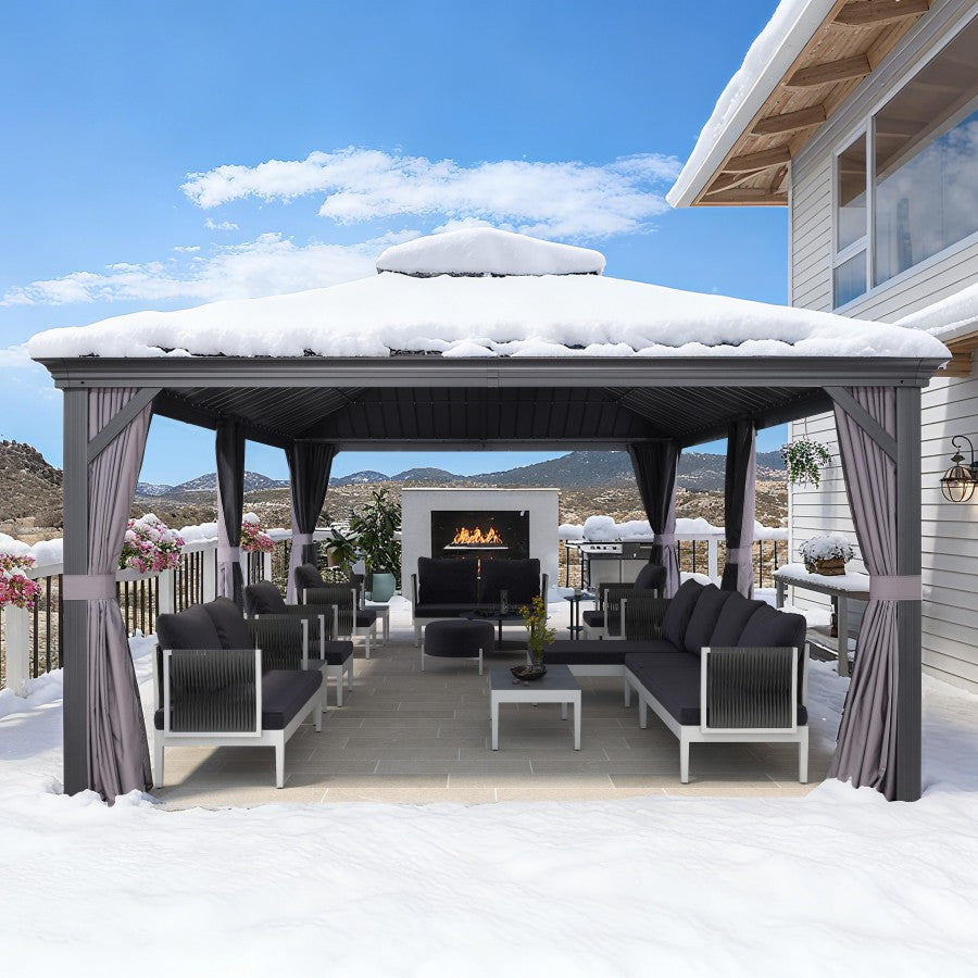 PURPLE LEAF Tuinpaviljoen Voor Achtertuin Grijs Hardtop Gegalvaniseerd Stalen Dak Luifel met Upgrade Gordijn