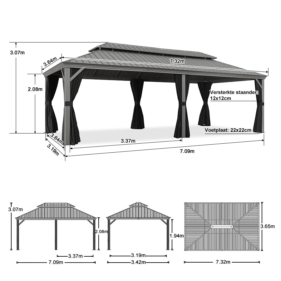 Purple Leaf Lichtgrijs Tuinpaviljoen met Dubbel Dak van Verzinkt Staal, Aluminium Frame, Insectenhor en Zijgordijnen