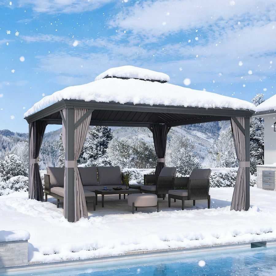 PURPLE LEAF Tuinpaviljoen Voor Achtertuin Grijs Hardtop Gegalvaniseerd Stalen Dak Luifel met Upgrade Gordijn
