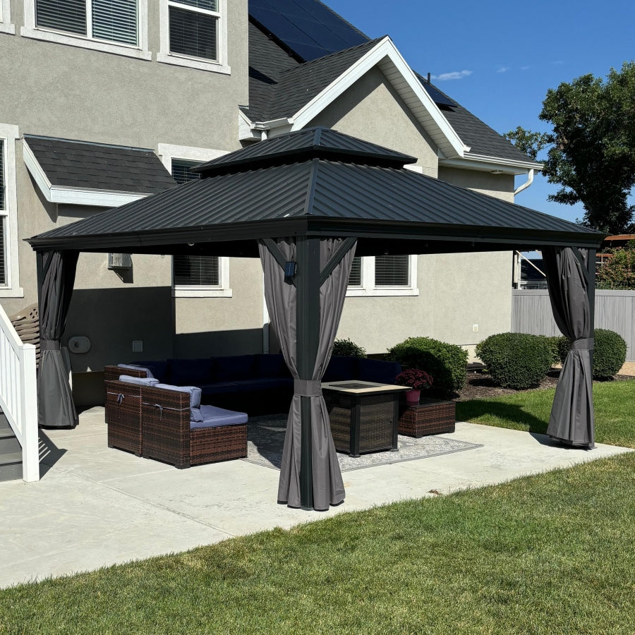 PURPLE LEAF Tuinpaviljoen Voor Achtertuin Grijs Hardtop Gegalvaniseerd Stalen Dak Luifel met Upgrade Gordijn
