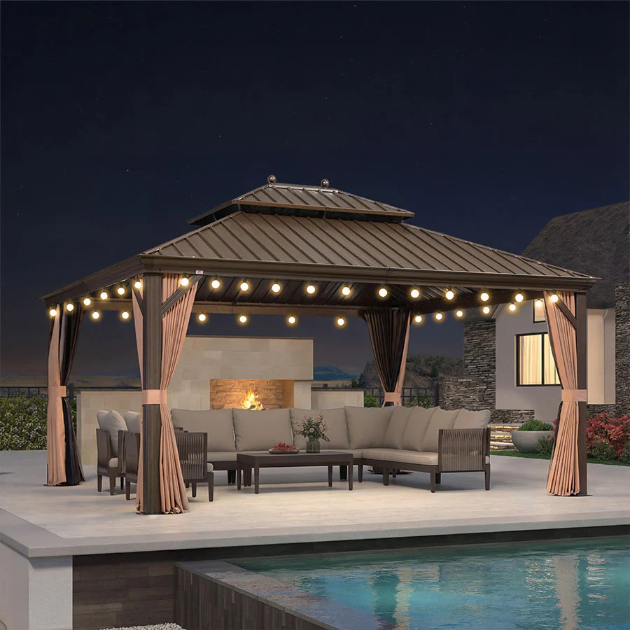 PURPLE LEAF Luxe Hardtop Paviljoen Bronzen Frame Dubbel Dak Tuin Warmwitte Verlichting