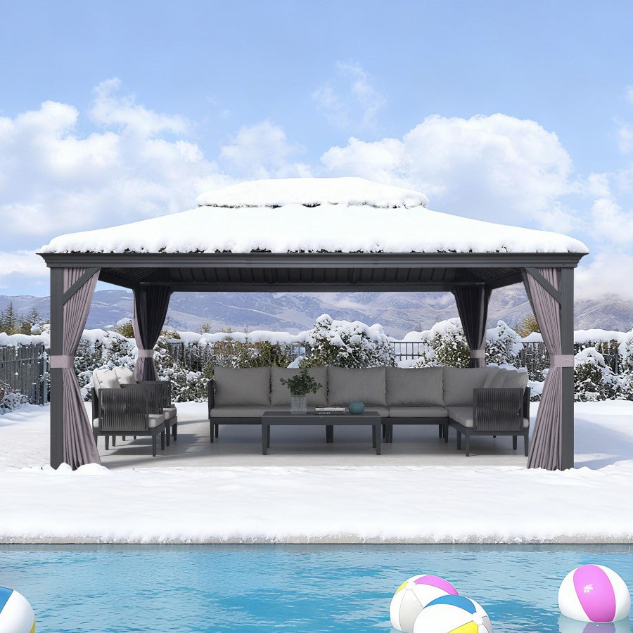 PURPLE LEAF Tuinpaviljoen Voor Achtertuin Grijs Hardtop Gegalvaniseerd Stalen Dak Luifel met Upgrade Gordijn