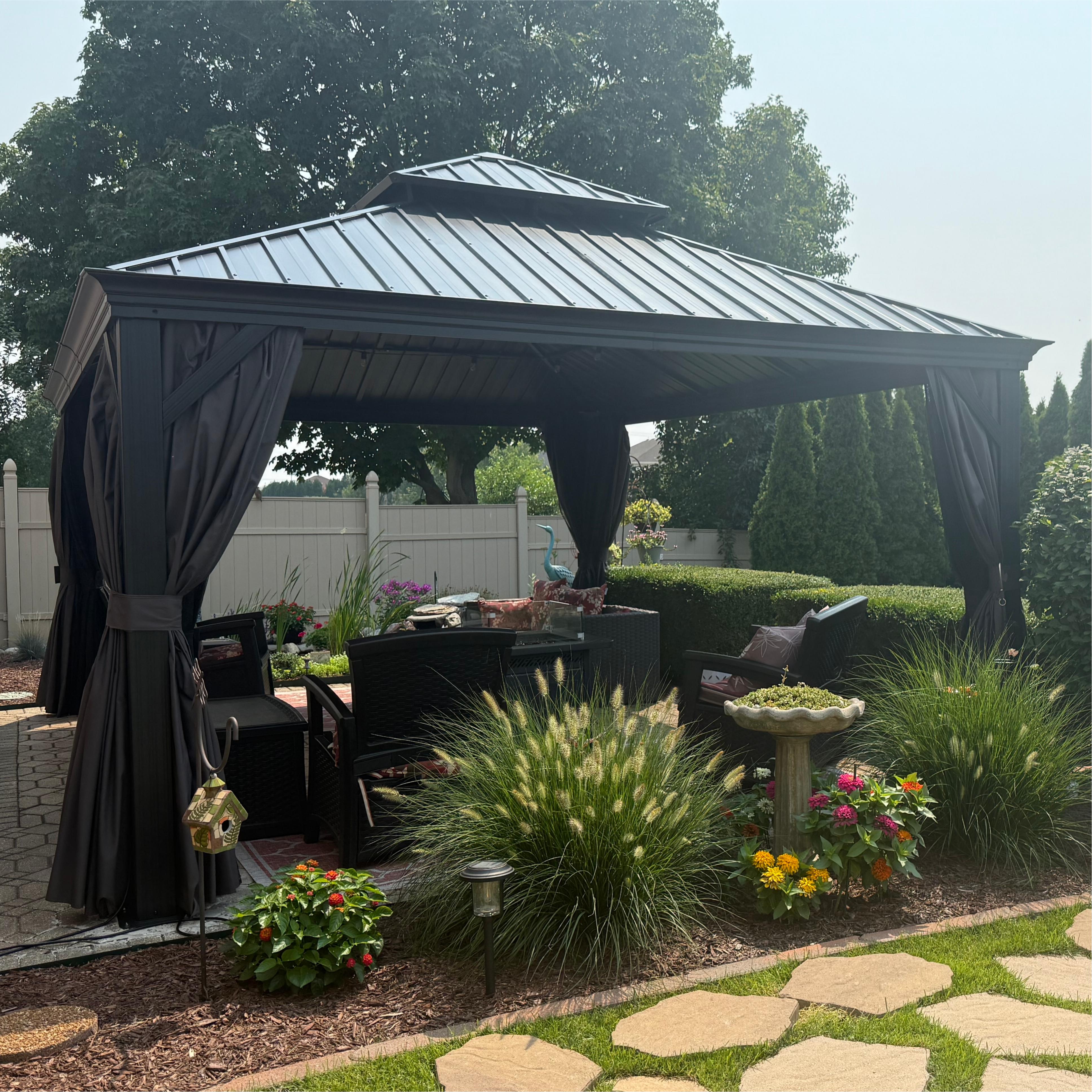 PURPLE LEAF Tuinpaviljoen Voor Achtertuin Grijs Hardtop Gegalvaniseerd Stalen Dak Luifel met Upgrade Gordijn