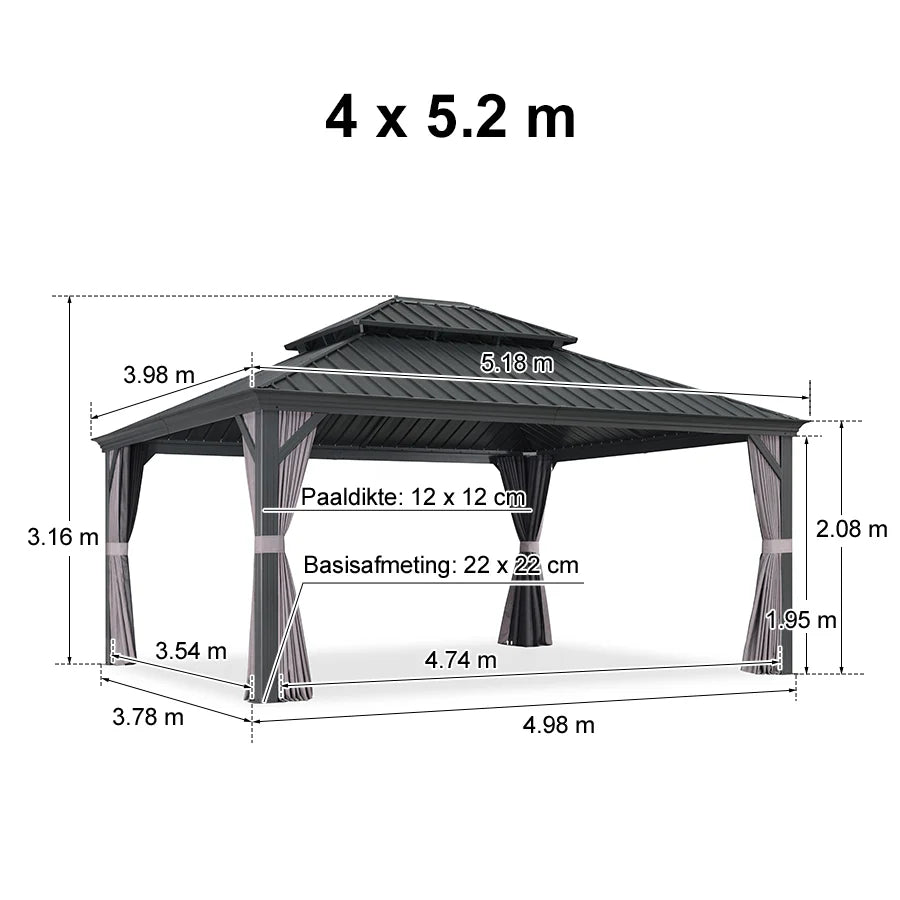 PURPLE LEAF Tuinpaviljoen Voor Achtertuin, Hardtop, Gegalvaniseerde Stalen Luifel, met Sfeerverlichting – Transparante Uitvoering