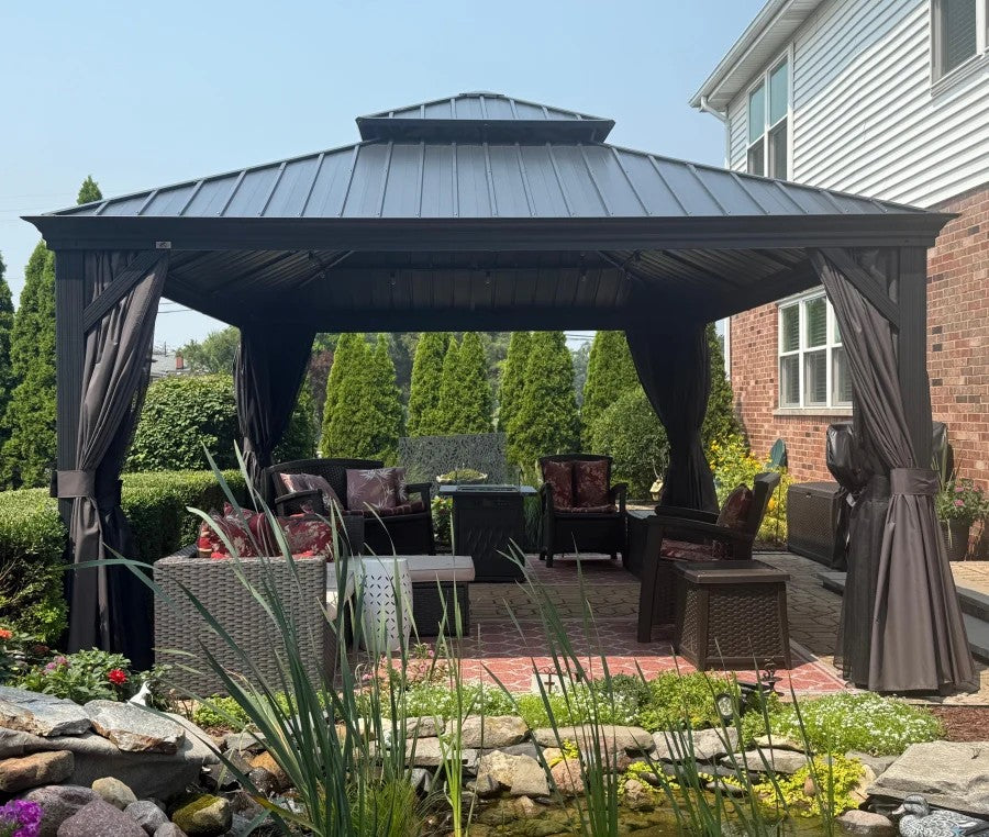 PURPLE LEAF Tuinpaviljoen Voor Achtertuin Grijs Hardtop Gegalvaniseerd Stalen Dak Luifel met Upgrade Gordijn