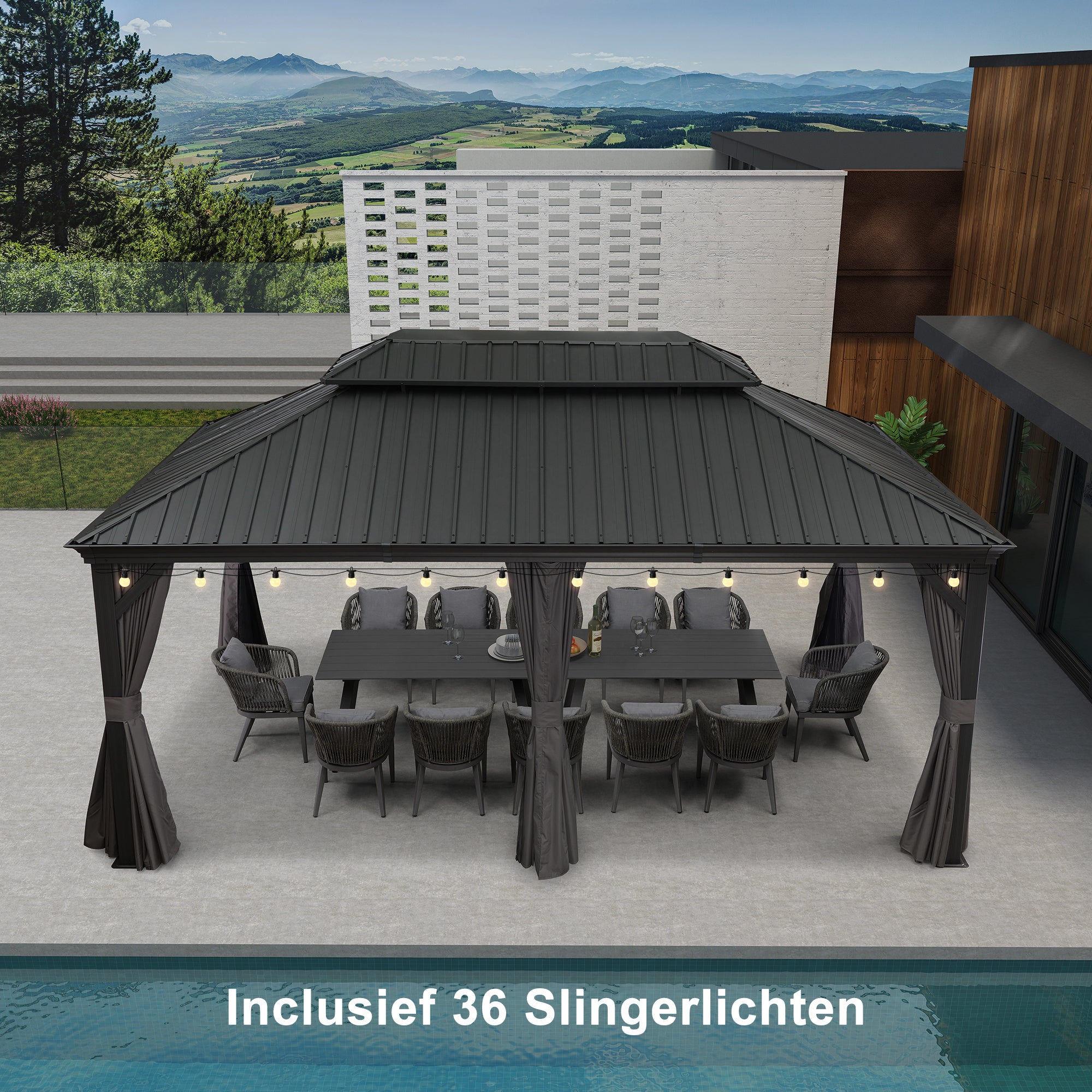 PURPLE LEAF Tuinpaviljoen Voor Achtertuin, Hardtop, Gegalvaniseerde Stalen Luifel, met Sfeerverlichting – Transparante Uitvoering