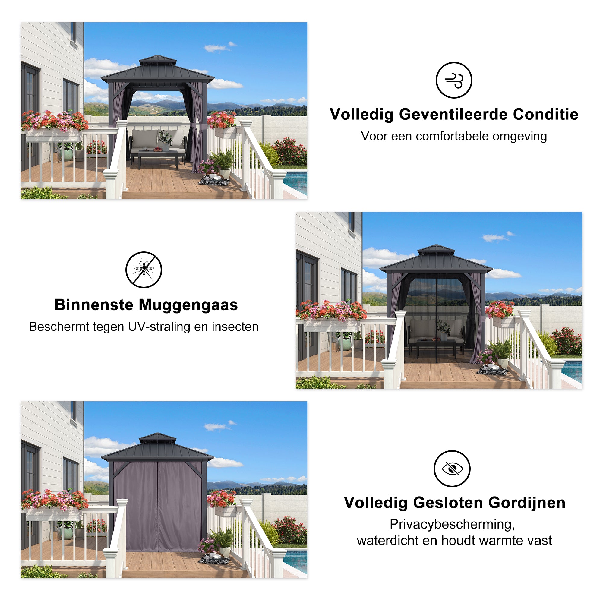 PURPLE LEAF Hardtop Prieel Basismodel Gegalvaniseerd Stalen Dak Aluminium Frame met Gordijn en Klamboe – Grijs