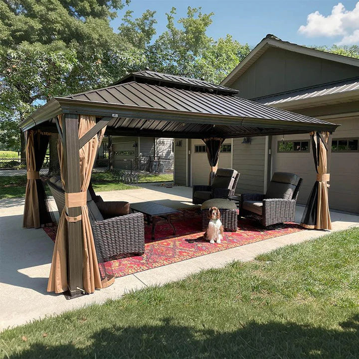 PURPLE LEAF Luxe Hardtop Paviljoen Bronzen Frame Dubbel Dak Tuin Warmwitte Verlichting