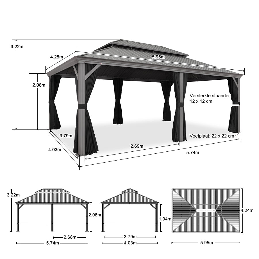 Purple Leaf Lichtgrijs Tuinpaviljoen met Dubbel Dak van Verzinkt Staal, Aluminium Frame, Insectenhor en Zijgordijnen