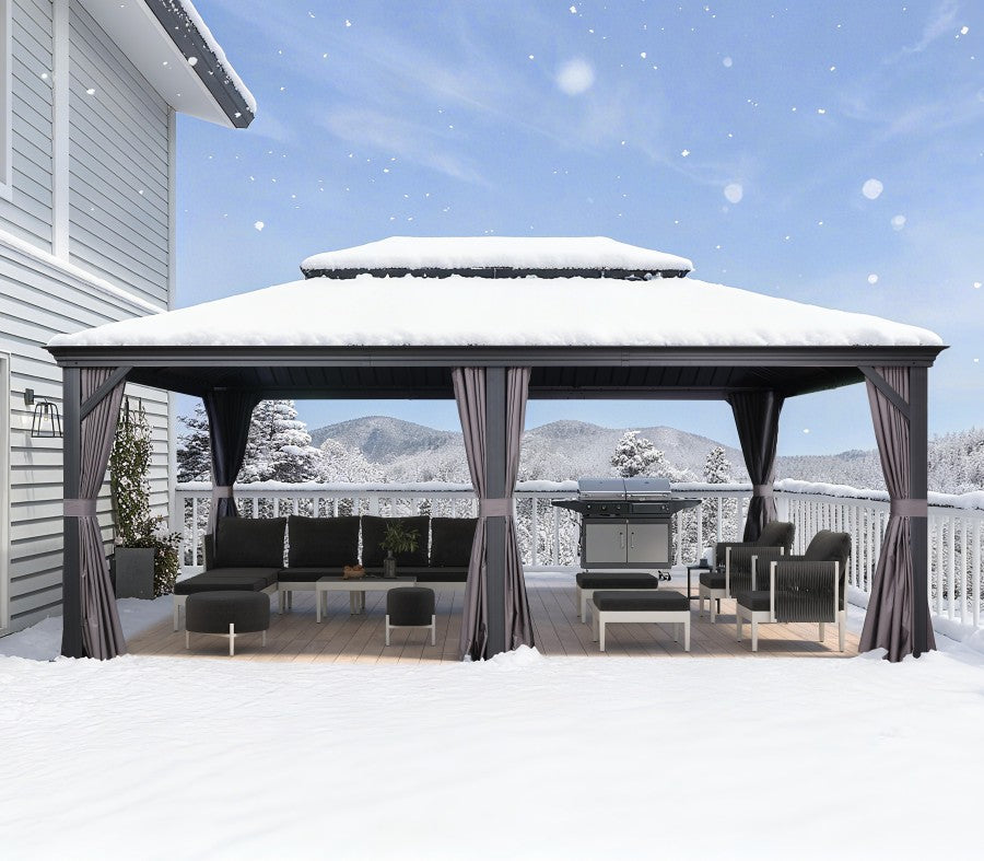 PURPLE LEAF Tuinpaviljoen Voor Achtertuin Grijs Hardtop Gegalvaniseerd Stalen Dak Luifel met Upgrade Gordijn