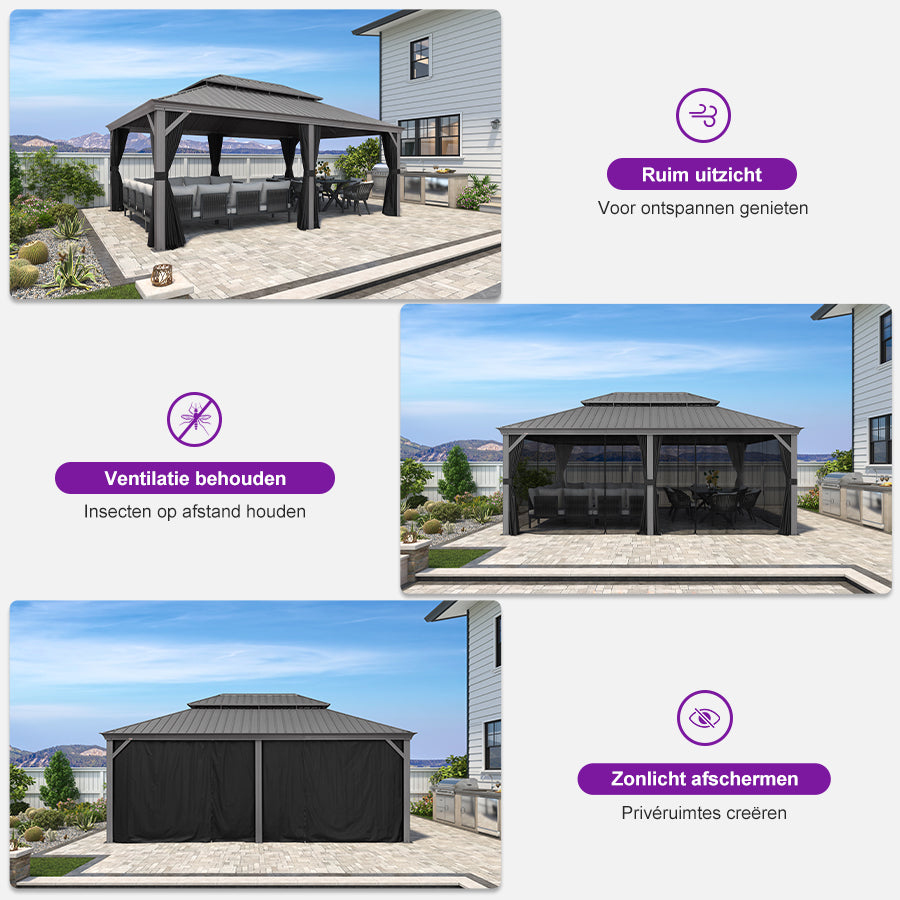 Purple Leaf Lichtgrijs Tuinpaviljoen met Dubbel Dak van Verzinkt Staal, Aluminium Frame, Insectenhor en Zijgordijnen