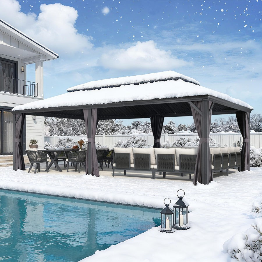 PURPLE LEAF Tuinpaviljoen Voor Achtertuin Grijs Hardtop Gegalvaniseerd Stalen Dak Luifel met Upgrade Gordijn