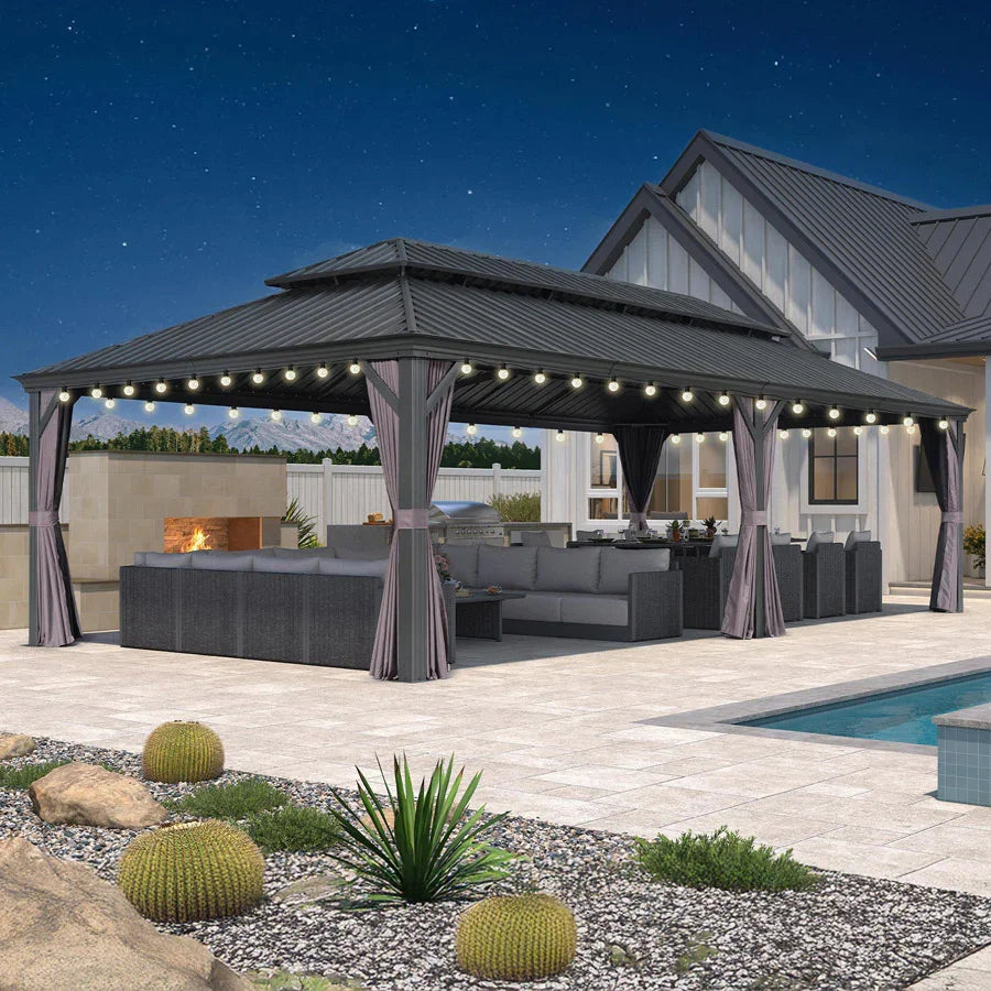 PURPLE LEAF Tuinpaviljoen Voor Achtertuin, Hardtop, Gegalvaniseerde Stalen Luifel, met Sfeerverlichting – Transparante Uitvoering