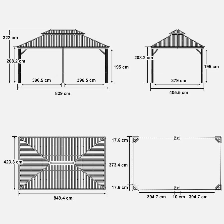 PURPLE LEAF Tuinpaviljoen Voor Achtertuin Grijs Hardtop Gegalvaniseerd Stalen Dak Luifel met Upgrade Gordijn