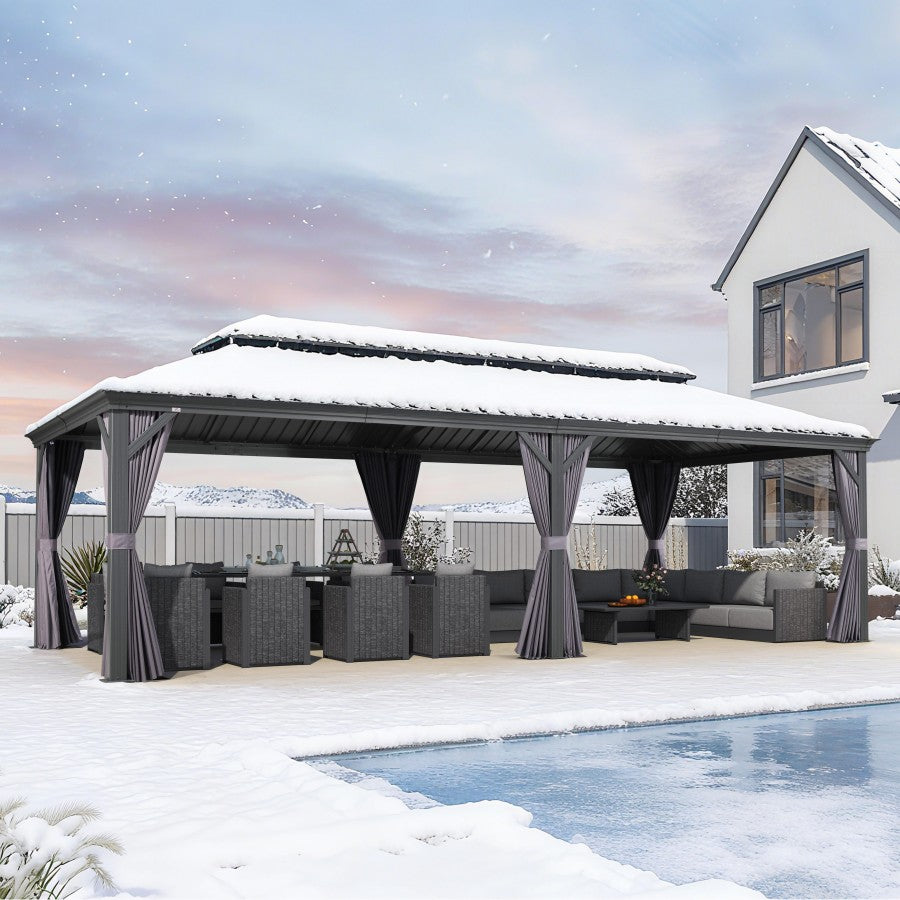 PURPLE LEAF Tuinpaviljoen Voor Achtertuin Grijs Hardtop Gegalvaniseerd Stalen Dak Luifel met Upgrade Gordijn
