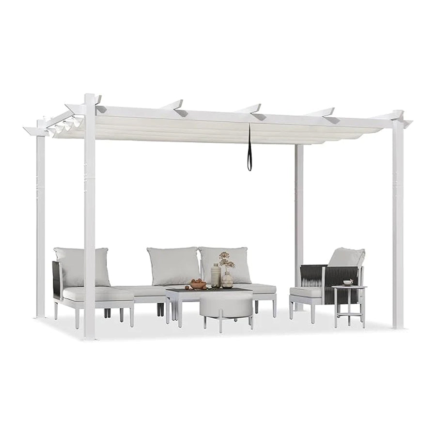 PURPLE LEAF Outdoor Intrekbare Pergola met Dubbele Zonwering Luifel Wit Heavy-Duty Aluminium Pergola Patio Moderne Pergola voor Tuin Dek en Achtertuin, Wit