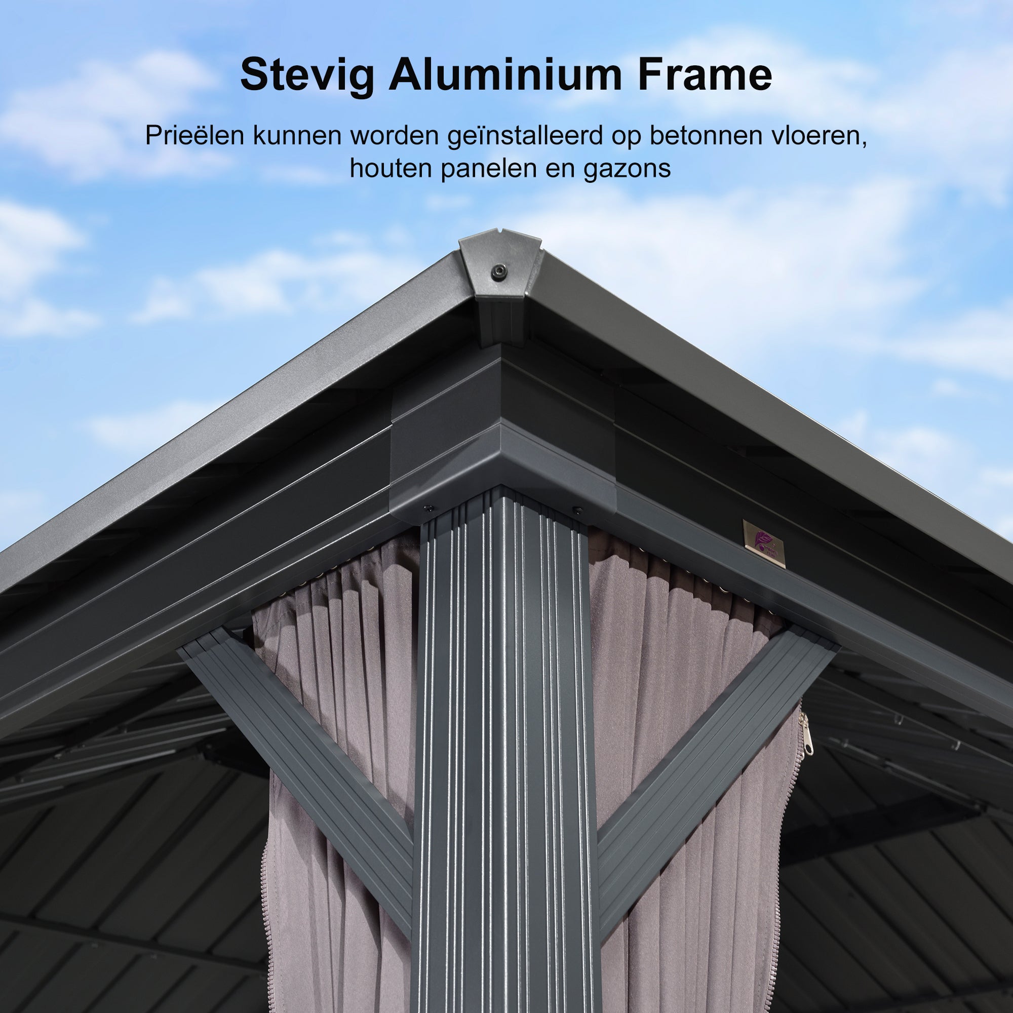 PURPLE LEAF Hardtop Prieel Basismodel Gegalvaniseerd Stalen Dak Aluminium Frame met Gordijn en Klamboe – Grijs