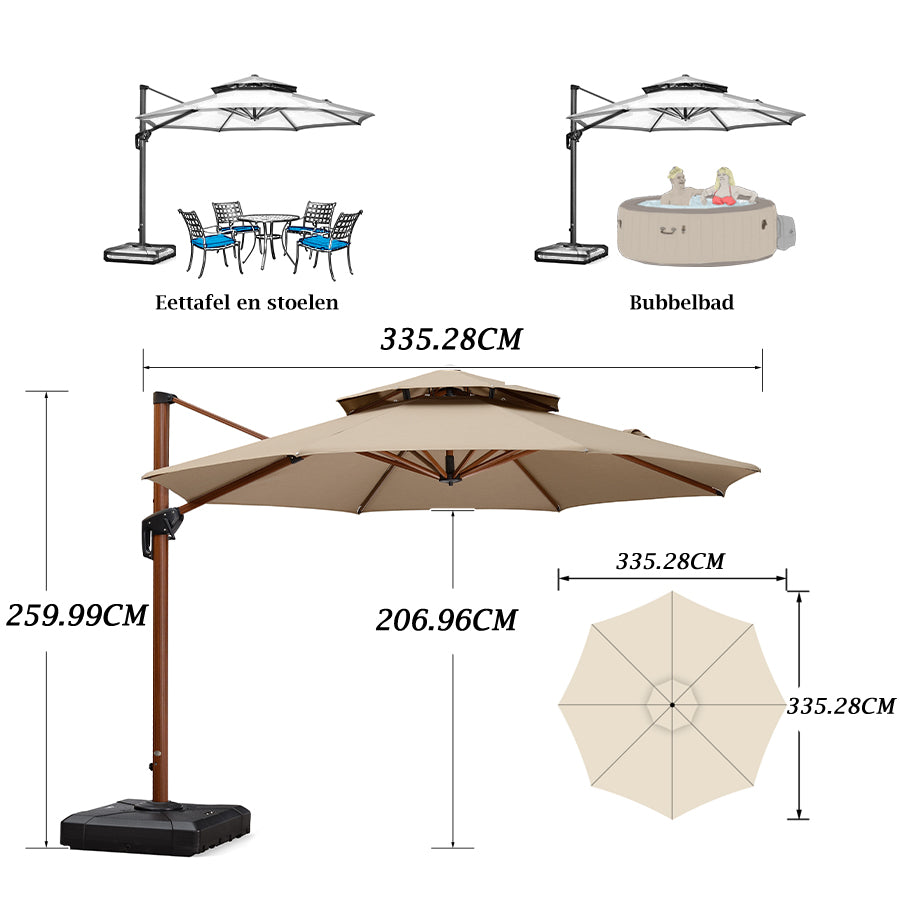 PURPLE LEAF Dubbele Top 330cm/365cm Ronde Aluminium Terrasparasol In Houtkleur