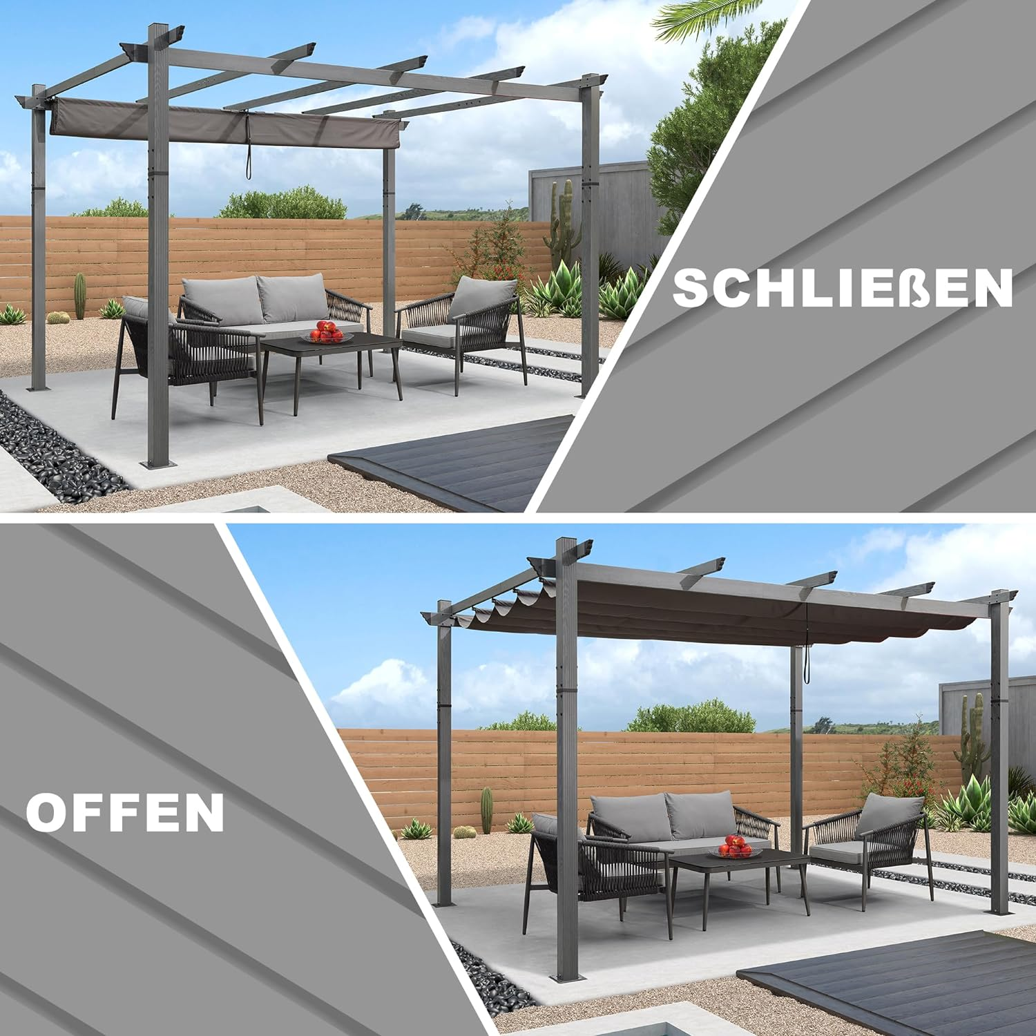 PURPLE LEAF Houten Look Pergola Dubbel Bovenframe Grijs Metaal Tuinpaviljoen Pergola Waterdicht Stabiel Wintervast, Tuinpaviljoen Met Zonnescherm Afdak-WPG