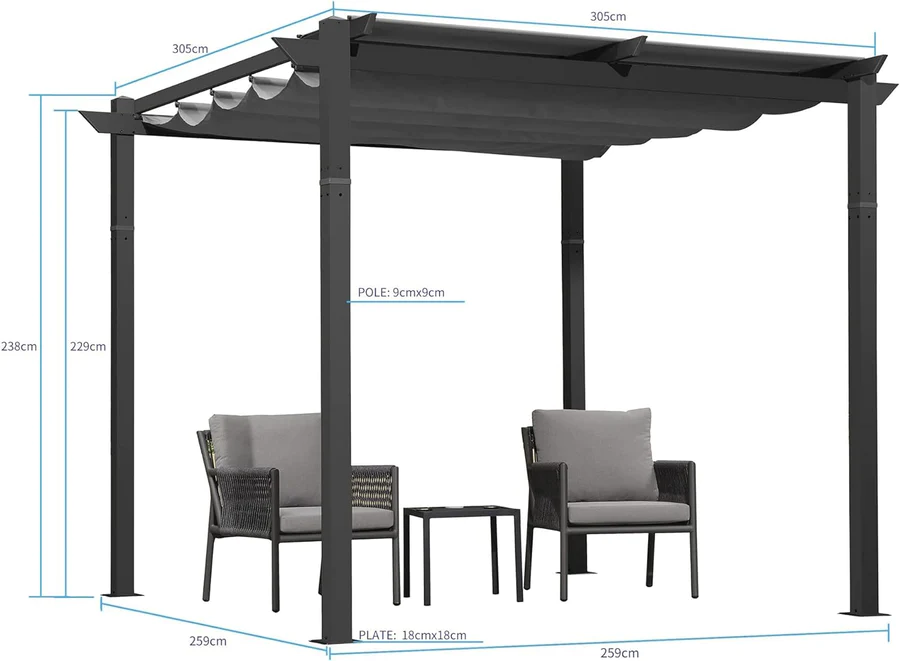 PURPLE LEAF Intrekbare aluminium buitenpergola met zonnescherm luifel, patio, achtertuin schuilplaats, metalen barbecue paviljoen-PRG
