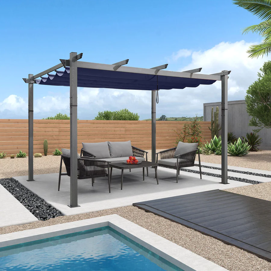 PURPLE LEAF Houten Look Pergola Dubbel Bovenframe Grijs Metaal Tuinpaviljoen Pergola Waterdicht Stabiel Wintervast, Tuinpaviljoen Met Zonnescherm Afdak-WPG