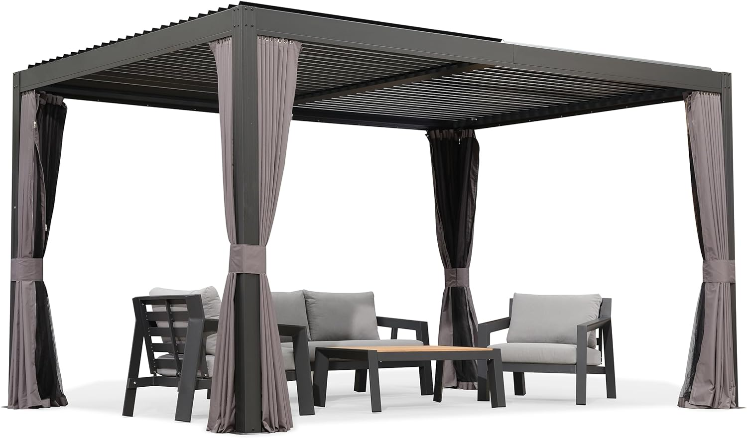 PURPLE LEAF Paviljoen 3 x 4 m Waterdichte Stalpergola met Roosterdak Aluminium Terrasoverkapping Hardtop Paviljoen met Klamboes en Gordijnen, Grijs