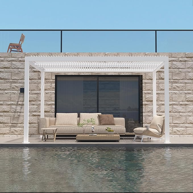 PURPLE LEAF Outdoor Louvered Pergola Aluminium Wit Pergola Patio Metal pergola met verstelbare Rainproof Hardtop Gazebo Modern voor Tuin Gazons Party