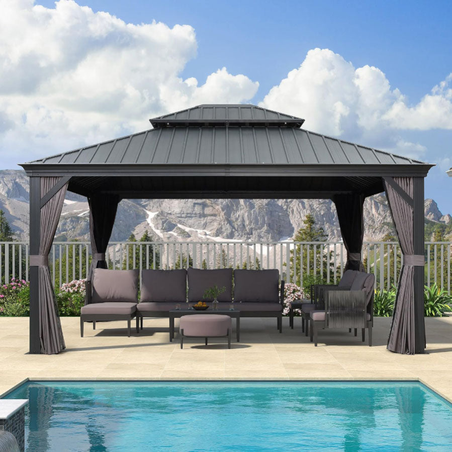 PURPLE LEAF Tuinpaviljoen Voor Achtertuin Grijs Hardtop Gegalvaniseerd Stalen Dak Luifel met Upgrade Gordijn