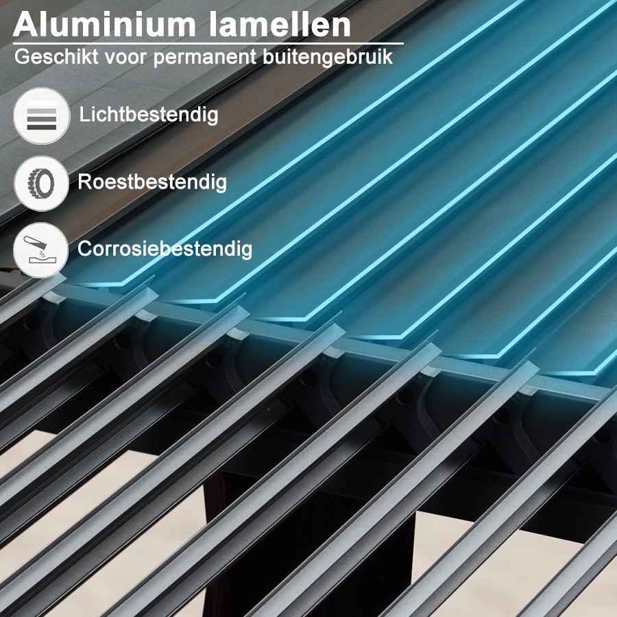 PURPLE LEAF Paviljoen 3 x 4 m Waterdichte Stalpergola met Roosterdak Aluminium Terrasoverkapping Hardtop Paviljoen met Klamboes en Gordijnen, Grijs