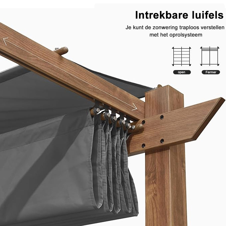 PURPLE LEAF Aluminium Pergola Tuinpergola Teak Afwerking, Intrekbaar Schuifscherm, Waterdicht Prieel, Barbecue Buiten, Tuinpaviljoen