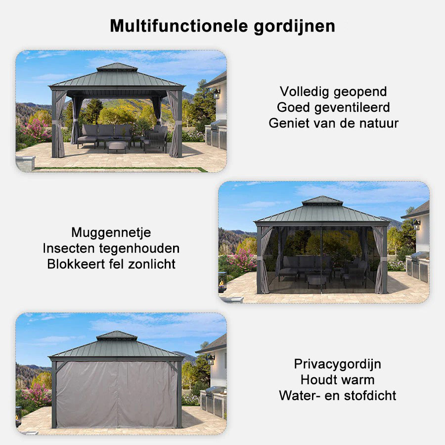 PURPLE LEAF Tuinpaviljoen Voor Achtertuin Grijs Hardtop Gegalvaniseerd Stalen Dak Luifel met Upgrade Gordijn