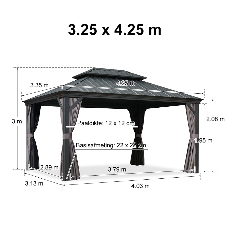 PURPLE LEAF Tuinpaviljoen Voor Achtertuin Grijs Hardtop Gegalvaniseerd Stalen Dak Luifel met Upgrade Gordijn