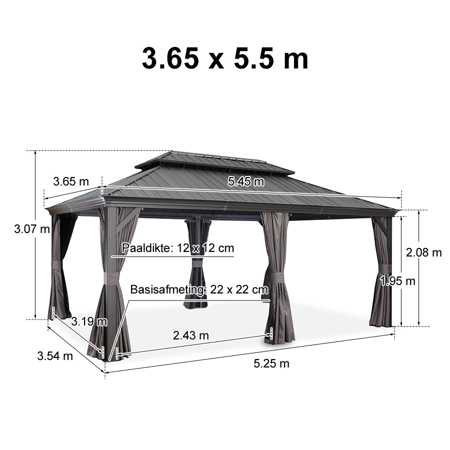 PURPLE LEAF Tuinpaviljoen Voor Achtertuin Grijs Hardtop Gegalvaniseerd Stalen Dak Luifel met Upgrade Gordijn