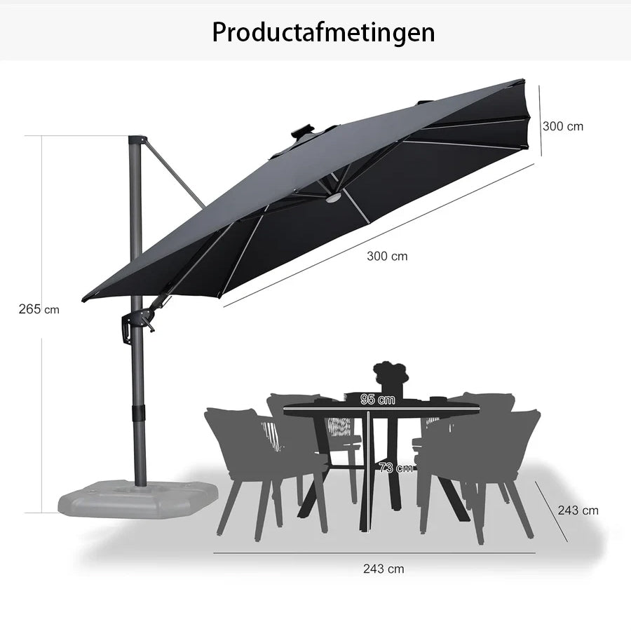 PURPLE LEAF Grote Parasol – LED Zweefparasol, 360° Draaibaar voor Tuin & Terras