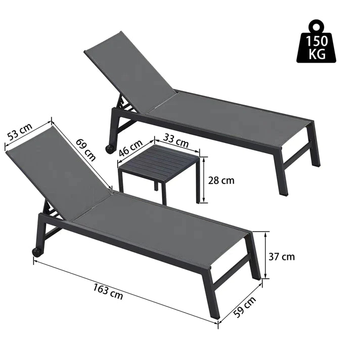 PURPLE LEAF Set Van 3 Tuinligstoelen Aluminium Textiel, Opvouwbare Ligstoel met Wielen, Tuinligstoel Weerbestendig, Terrasligstoelen Oprolbaar Ligbed Verstelbaar Tot 150 kg, Grijs