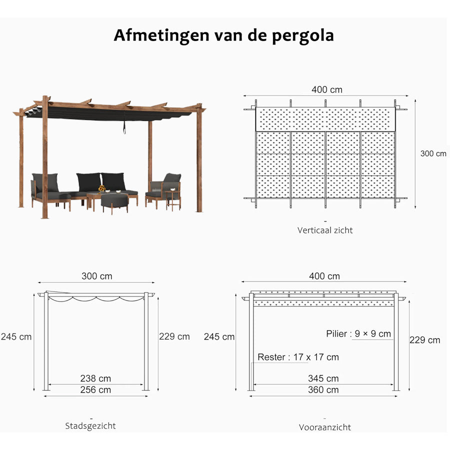 PURPLE LEAF Aluminium Pergola Tuinpergola Teak Afwerking, Intrekbaar Schuifscherm, Waterdicht Prieel, Barbecue Buiten, Tuinpaviljoen