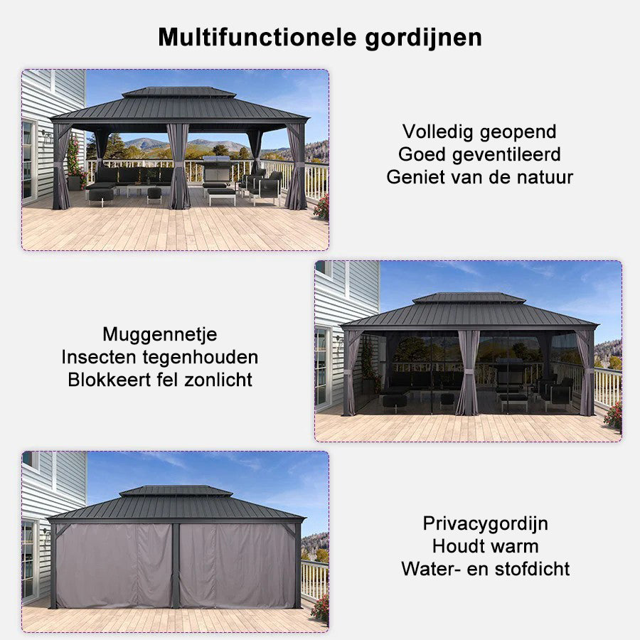 PURPLE LEAF Tuinpaviljoen Voor Achtertuin Grijs Hardtop Gegalvaniseerd Stalen Dak Luifel met Upgrade Gordijn
