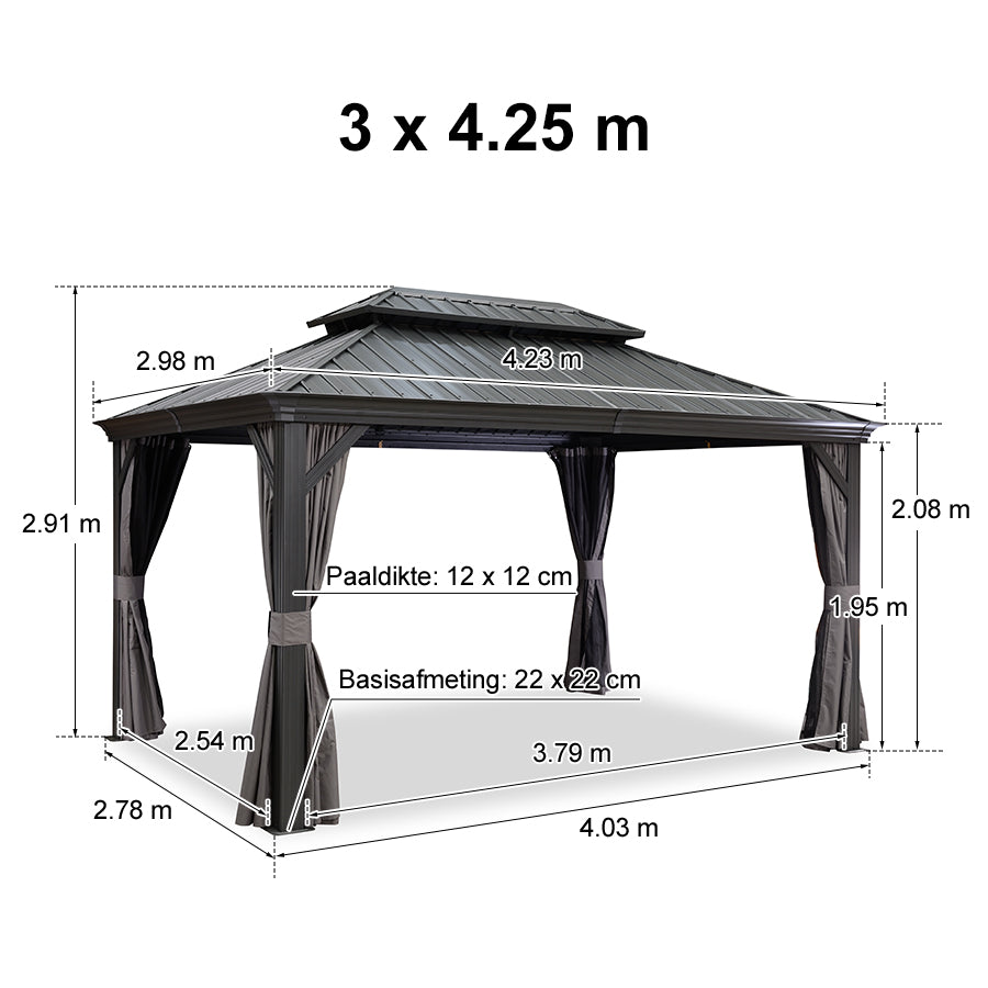 PURPLE LEAF Tuinpaviljoen Voor Achtertuin Grijs Hardtop Gegalvaniseerd Stalen Dak Luifel met Upgrade Gordijn
