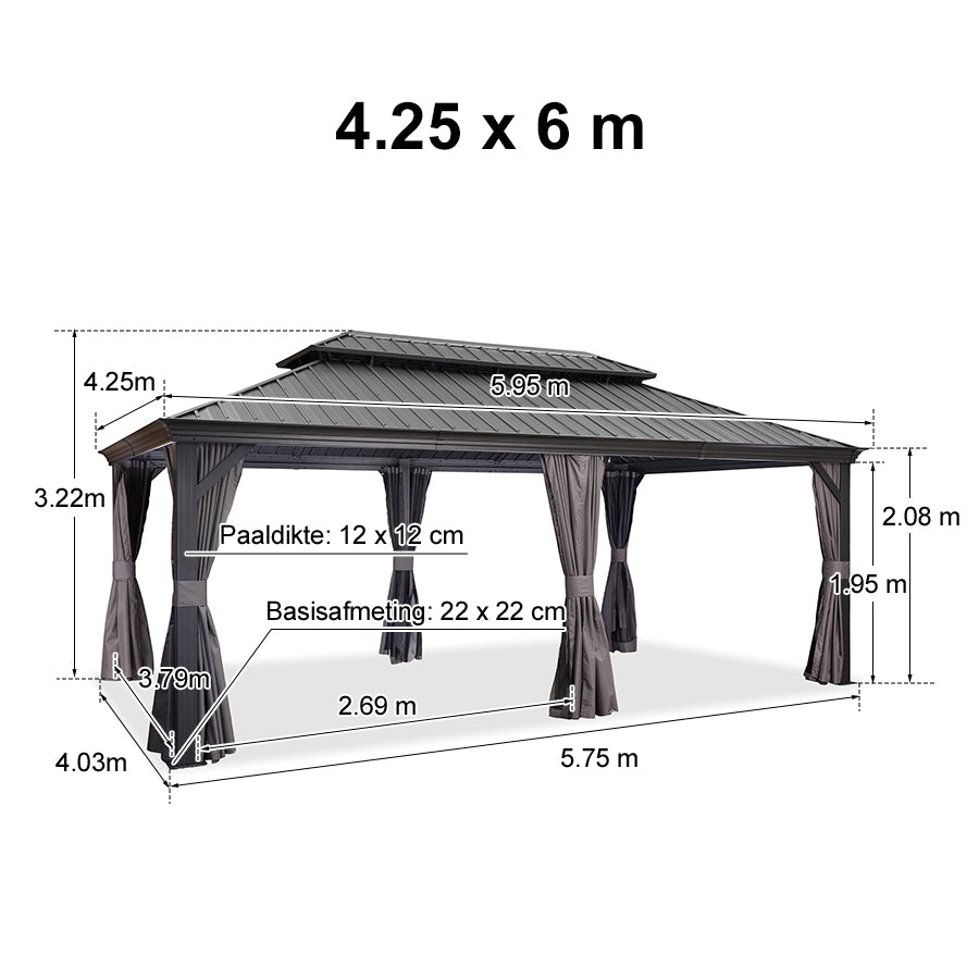 PURPLE LEAF Tuinpaviljoen Voor Achtertuin Grijs Hardtop Gegalvaniseerd Stalen Dak Luifel met Upgrade Gordijn