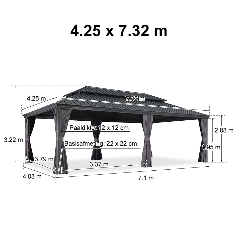 PURPLE LEAF Tuinpaviljoen Voor Achtertuin Grijs Hardtop Gegalvaniseerd Stalen Dak Luifel met Upgrade Gordijn