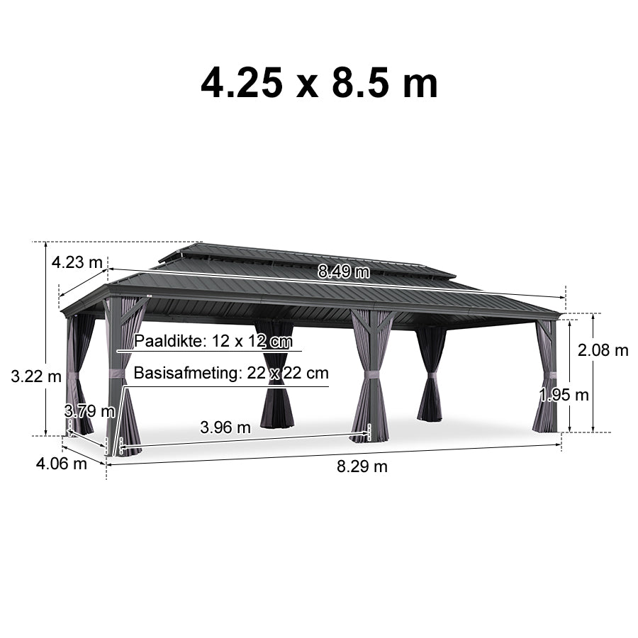 PURPLE LEAF Tuinpaviljoen Voor Achtertuin Grijs Hardtop Gegalvaniseerd Stalen Dak Luifel met Upgrade Gordijn