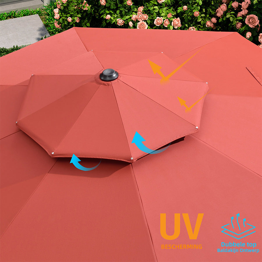 PURPLE LEAF Dubbele Top 330cm/365cm Ronde Aluminium Terrasparasol In Houtkleur