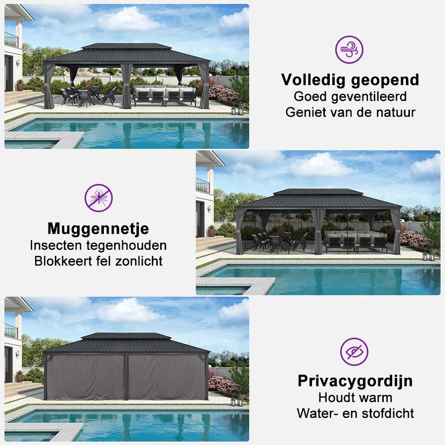 PURPLE LEAF Tuinpaviljoen Voor Achtertuin Grijs Hardtop Gegalvaniseerd Stalen Dak Luifel met Upgrade Gordijn