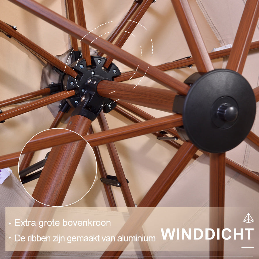 PURPLE LEAF Dubbele Top 330cm/365cm Ronde Aluminium Terrasparasol In Houtkleur