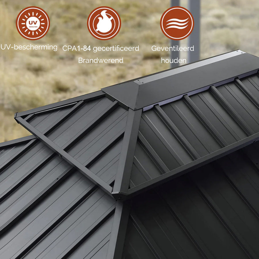 PURPLE LEAF Tuinpaviljoen Voor Achtertuin Grijs Hardtop Gegalvaniseerd Stalen Dak Luifel met Upgrade Gordijn